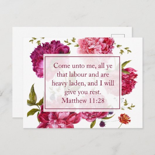 Inspirational Matthew 11:28 Pink Floral Briefkaart (Voorkant / Achterkant)