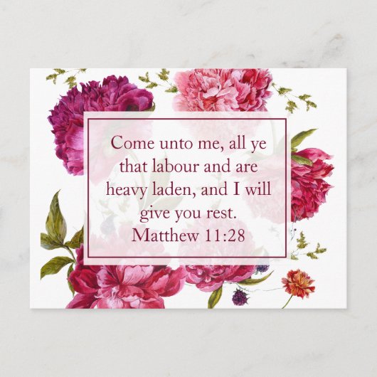 Inspirational Matthew 11:28 Pink Floral Briefkaart (Voorkant)