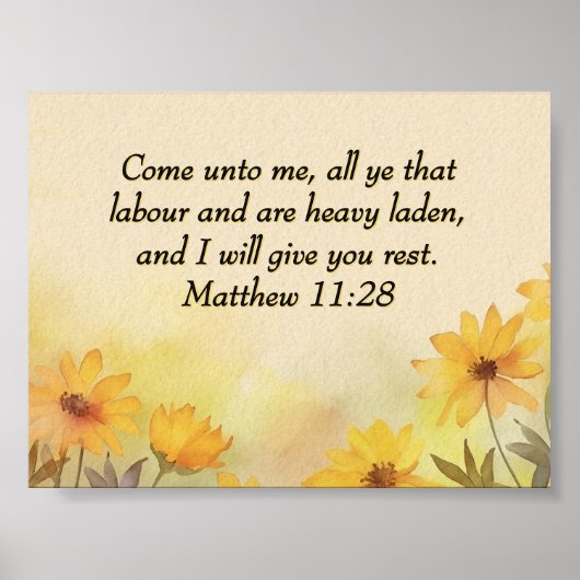 Inspirational Matthew 11:28 Yellow Floral Poster (Voorkant)
