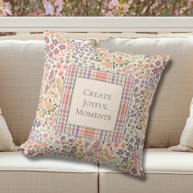 Inspirational Patchwork Floral & Plaid Pillow Kussen (Personalized Floral Plaid Throw Pillow – Create Joyful Moments Quote –  Inspirational Home Decor)