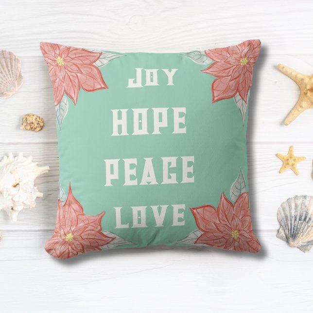 Inspirational Poinsettia Joy Hope Peace Love Kussen (Love the pastel colors in this Inspirational Original Poinsettia Art Pillow. Cheerful and Boho Chic!)