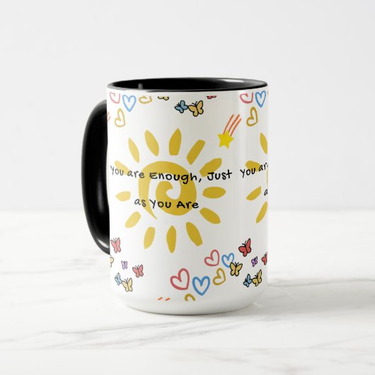 Inspirational Sun & Butterflies Doodle Pattern Com Mok (Voorkant links)