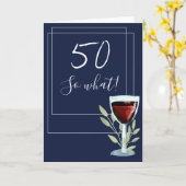 Inspirationele Rode Wijn Navy Blue 50th Birthday Kaart (Gele Bloem)