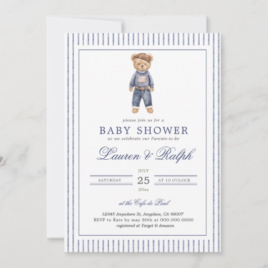 Inspired Blue Teddy Bear Baby Shower Kaart (Voorkant)