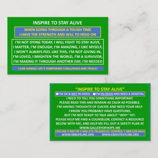 INSPIREREN OM IN LEVEN TE BLIJVEN ZELFMOORDPREVENT VISITEKAARTJE (Voorkant / Achterkant)