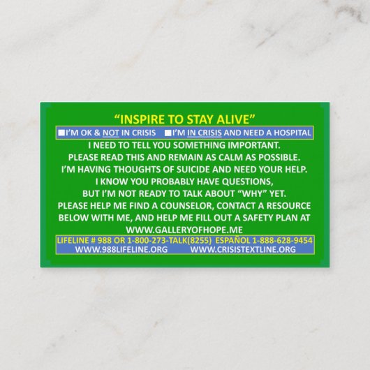 INSPIREREN OM IN LEVEN TE BLIJVEN ZELFMOORDPREVENT VISITEKAARTJE (Achterkant)