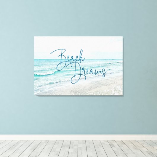 Inspirerend Beach Dreams Quote Retro Ocean Waves Canvas Afdruk (Insitu (Houten vloer))