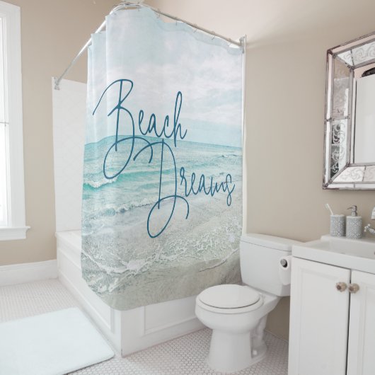 Inspirerend Beach Dreams Quote Retro Ocean Waves Douchegordijn (In situ)
