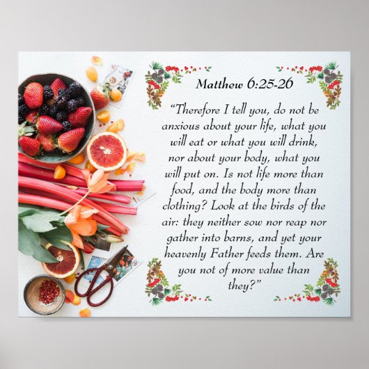 Inspirerend bijbelvers van Matthew 6:25 Bijbel Poster (Voorkant)