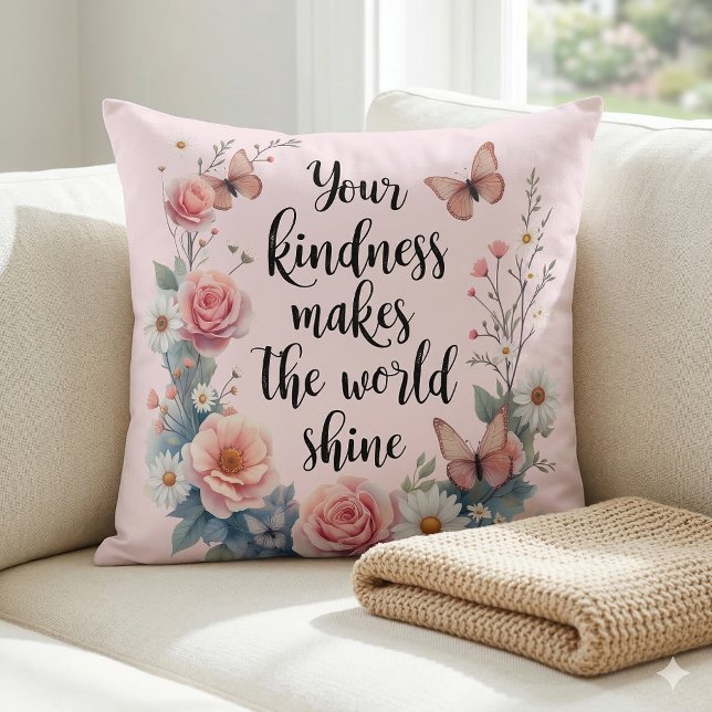 Inspirerend Bloemen Quote met Vlinders Kussen (Inspirational Floral Quote with Butterflies Throw Pillow Mockup A)