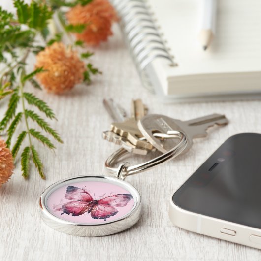 Inspirerend hoop roze vlinder sleutelhanger (Zijkant)