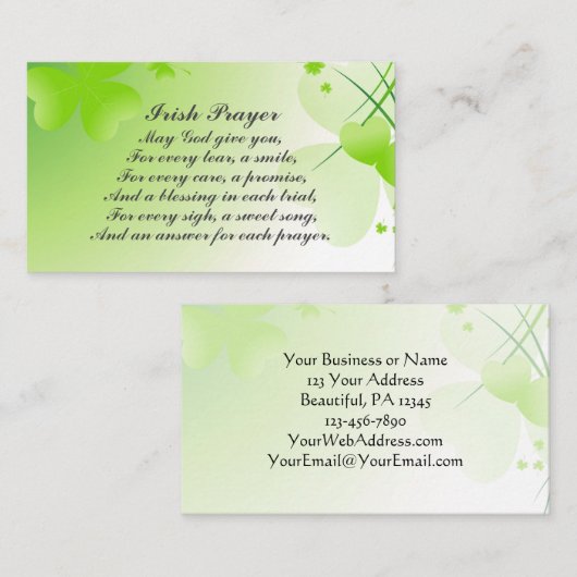 Inspirerend Iers gebed met harten en Shamrocks Visitekaartje (Voorkant / Achterkant)