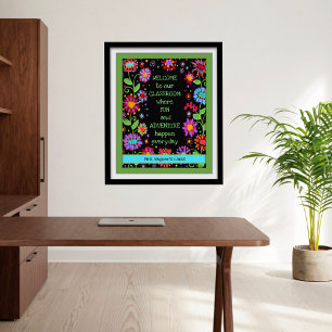 Inspirerend klaslokaal Welkom Zwart Bloemen Poster