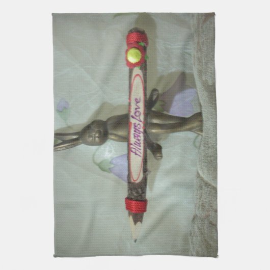 Inspirerend konijn: altijd liefde teken kunst afdr theedoek (Verticaal)