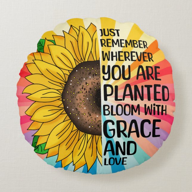 Inspirerend Quote en Hand getrokken Zonnebloem Rond Kussen (Voorkant)