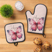 Inspirerend Roze Hoop Vlinder Ovenwant & Pannenlap Set (Top down)