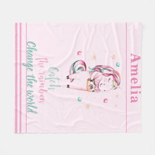 Inspirerend roze unicorn met camera en sterren fleece deken (Voorkant (Horizontaal))