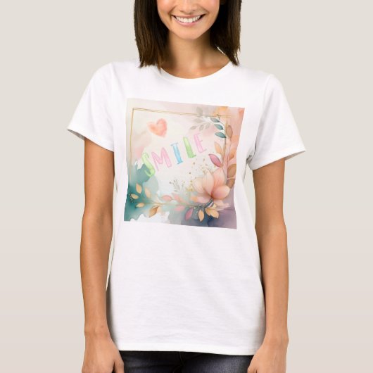 Inspirerend "Smile" Floral Waterverf Design T-shirt (Voorkant)