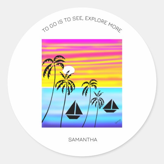 Inspirerend, tropische zonsondergangzeilen ronde sticker (Voorkant)