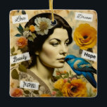 Inspirerend woorden en  dame gepersonaliseerd keramisch ornament<br><div class="desc">Gepersonaliseerde kerstversiering.   vrouw met bloemetjes in haar haar met inspirerend woorden zoals liefde,  schoonheid,  hoop, </div>