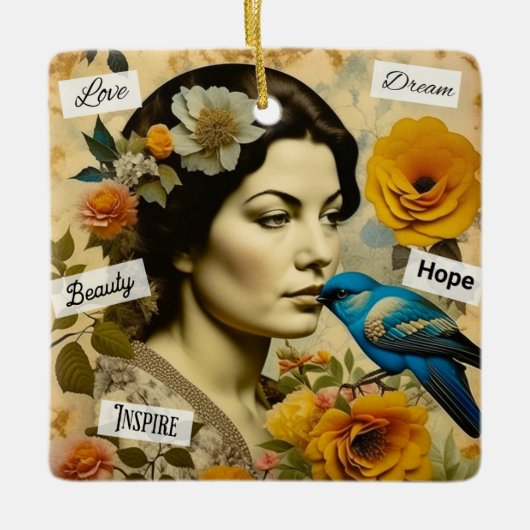 Inspirerend woorden en  dame gepersonaliseerd keramisch ornament (Voorkant)