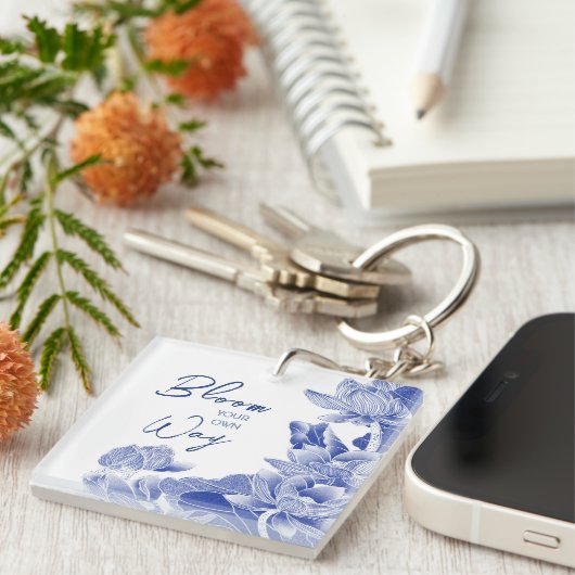 Inspirerend Zen Quote Blue Flowers Lotus Mandala Sleutelhanger (Voorkant Rechts)