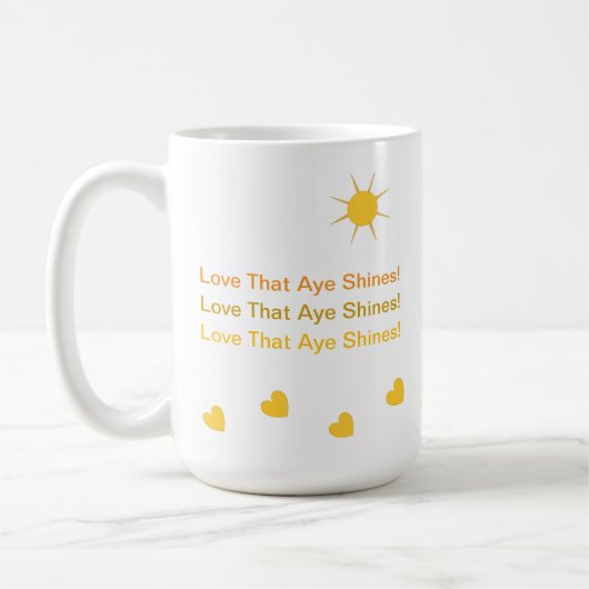 Inspirerend zon gloeiende harten en liefde, geel koffiemok (Links)