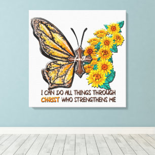 Inspirerend Zonnebloem/Kruis/Vlinder Canvas Afdruk