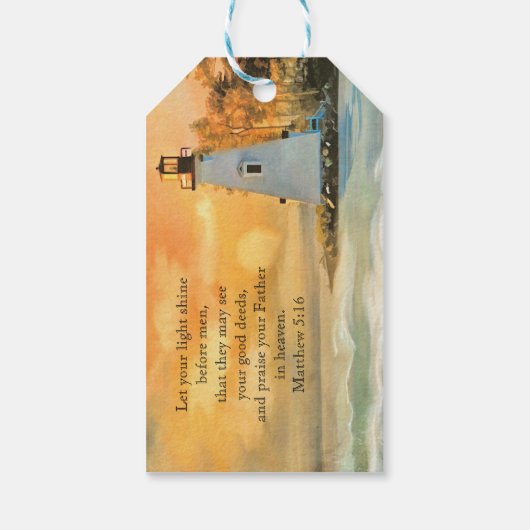 Inspirerende Bijbeltekst Vuurtoren Zonsondergang Cadeaulabel (Achterkant)