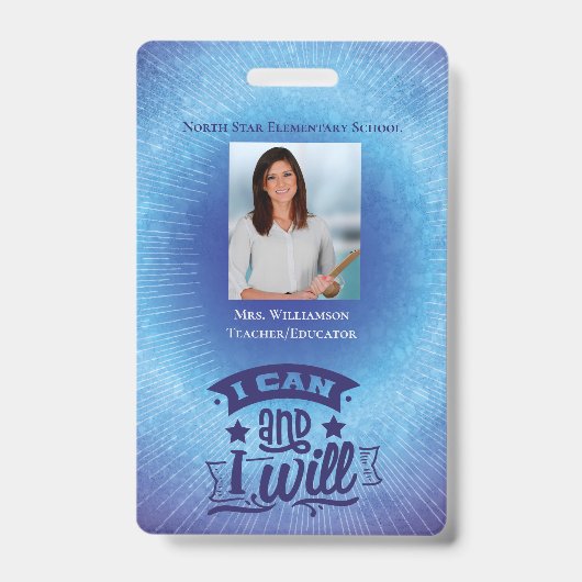 Inspirerende blauwe schoolstaf Docent ID-foto Badge (Voorzijde)
