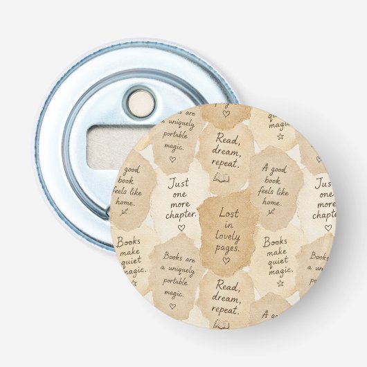 Inspirerende Crème Boeken Magie   Button Flesopener (Voorkant)
