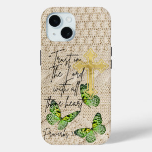 Inspirerende Gebed Breiwerk Groene Vlinder Kruis iPhone 15 Case