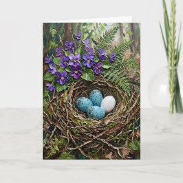 Inspirerende lente vogelnest viooltjes impasto Pas Feestdagen Kaart