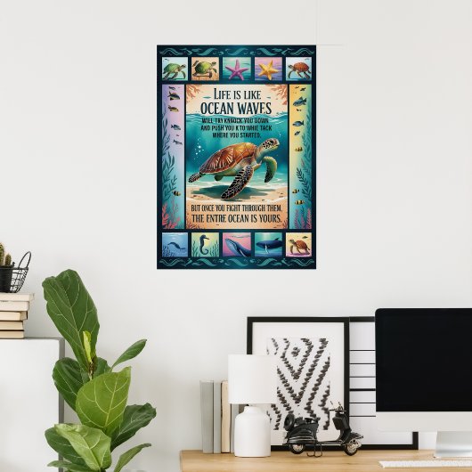 Inspirerende Poster Zeeschildpad Oceaan “Leven Is  (Thuiskantoor)
