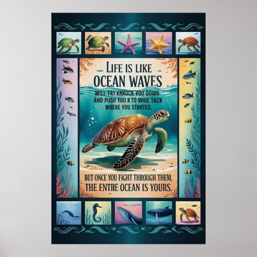 Inspirerende Poster Zeeschildpad Oceaan “Leven Is  (Voorkant)