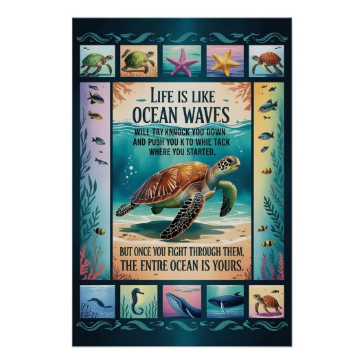 Inspirerende Poster Zeeschildpad Oceaan “Leven Is (Voorkant)