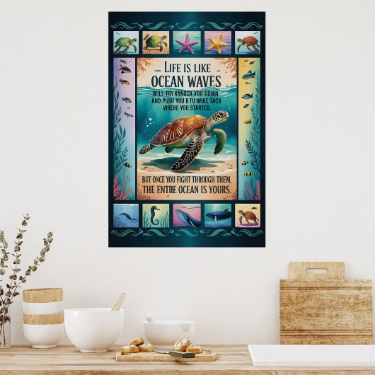 Inspirerende Poster Zeeschildpad Oceaan “Leven Is (Keuken)
