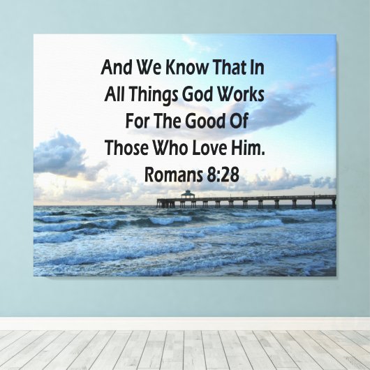 INSPIRERENDE ROMEINEN 8:28 BIJBELVERS CANVAS AFDRUK (Insitu (Houten vloer))