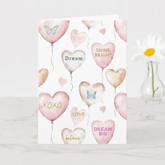 Inspirerende Roze Crème Harten Kaart (Kleine Plant)