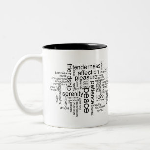 Inspirerende Vrede en Liefde Woordwolk Tweekleurige Koffiemok