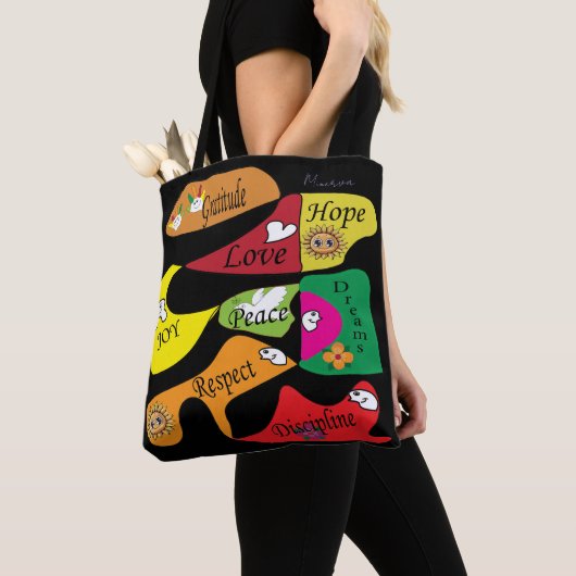 Inspirerende Zwarte Tote: Vrede Vreugde Discipline Tote Bag (Dichtbij)