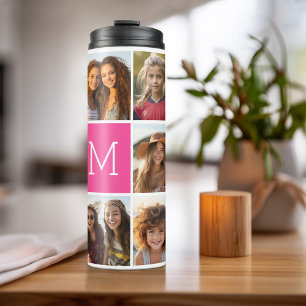 Instagram 11 Foto Collage Aangepaste Monogram Roze Thermosbeker