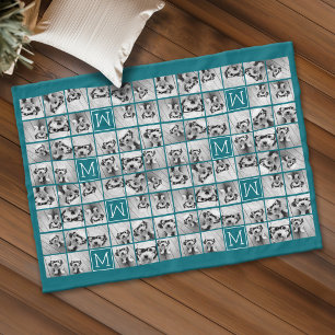 Instagram Collage met Custom Monogram Blue Fleece Deken