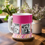 Instagram Foto Collage Hot Pink Oranje Chevrons Koffiemok<br><div class="desc">Een geweldige manier om je vierkante foto's weer te geven van je online account. Het ontwerp van een leuke zigzag-band markeert de foto's.</div>