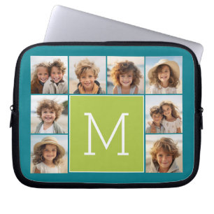 Instagram Fotocollage Monogram - Blauw en Lime Laptop Sleeve