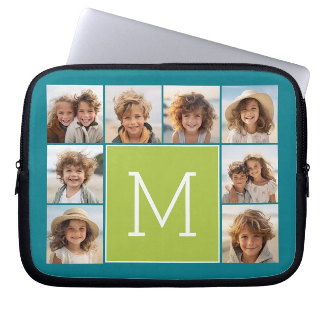 Instagram Fotocollage Monogram - Blauw en Lime Laptop Sleeve (Voorkant)