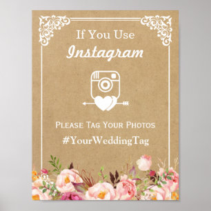 Instagram Hashtag Weddenschap   Floral Kraft Poster