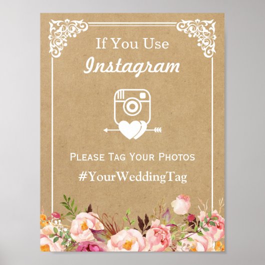 Instagram Hashtag Weddenschap | Floral Kraft Poster (Voorkant)