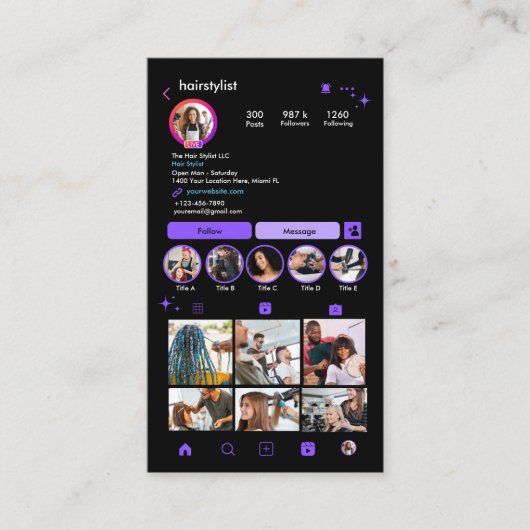 Instagram Kapsalon Paarse QR-code Social Media Visitekaartje (Voorkant)