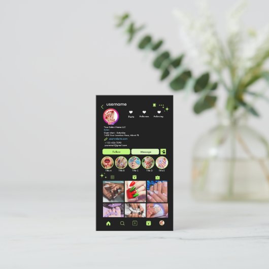Instagram nagelsalon lime groen | Social Media QR Visitekaartje (Staand voorkant)